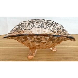 Vtg Pink Depression Glass Bowl 3 Footed Lace Transfer Scalloped Edge Made in USA